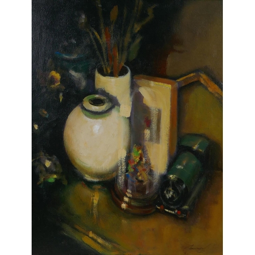 809 - Ken Moroney, still life with toy train, signed, oil on canvas, 49 x 39cm