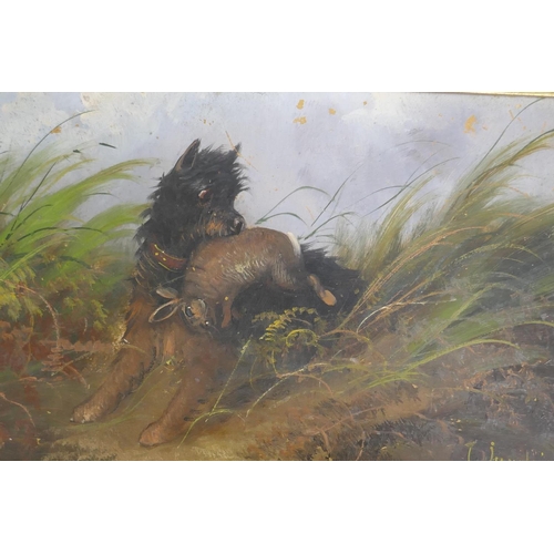 813 - J. Langlois, terrier with game, signed, late C19th/early C20th, oil on millboard