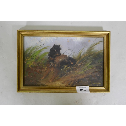 813 - J. Langlois, terrier with game, signed, late C19th/early C20th, oil on millboard