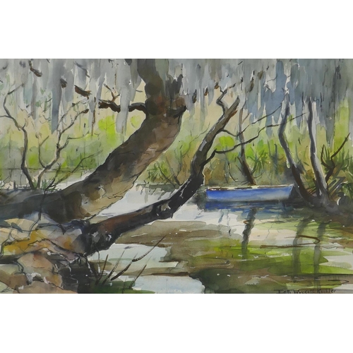 814 - Edith Wyckoff Kuchler, river scene with boat, signed, watercolour, 55 x 37cm