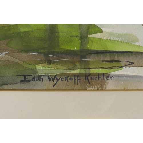 814 - Edith Wyckoff Kuchler, river scene with boat, signed, watercolour, 55 x 37cm