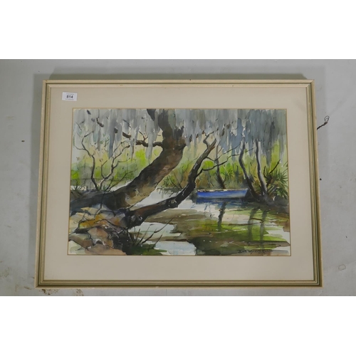 814 - Edith Wyckoff Kuchler, river scene with boat, signed, watercolour, 55 x 37cm