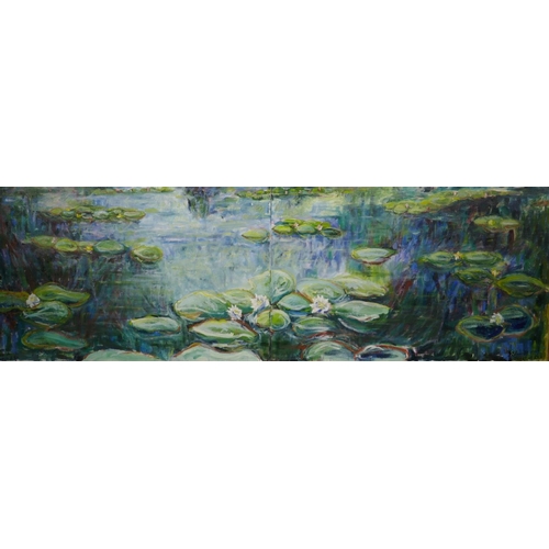 816 - After Claude Monet, (French, 1840-1926), waterlilies, diptych copy by S. Edwards, oil on canvas, 192... 