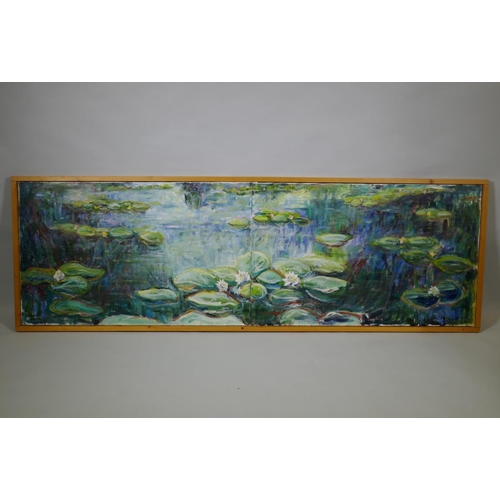 816 - After Claude Monet, (French, 1840-1926), waterlilies, diptych copy by S. Edwards, oil on canvas, 192... 