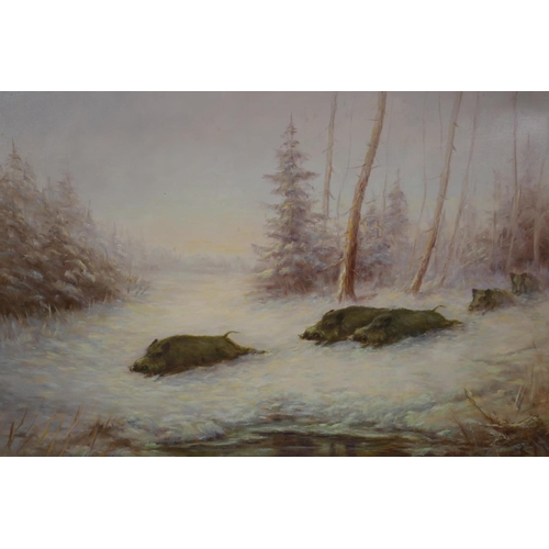 818 - Winter landscape with wild boar, signed, oil on canvas, 110 x 80cm