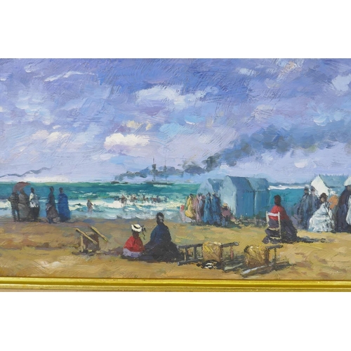 820 - In the manner of Eugene Boudin, figures on a sea shore, signed Rarel?, a pair of oils on board, 40 x... 