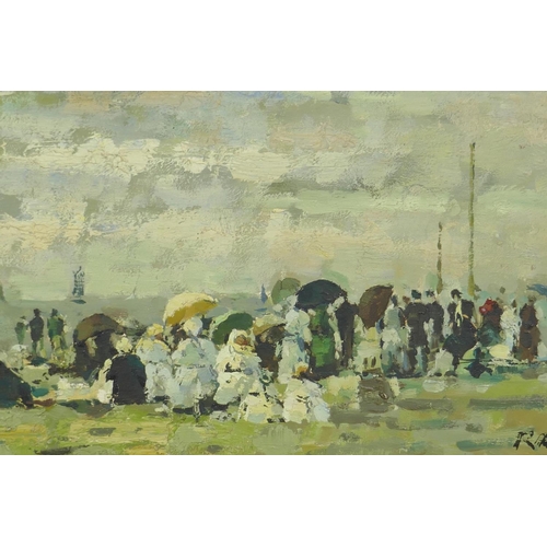 820 - In the manner of Eugene Boudin, figures on a sea shore, signed Rarel?, a pair of oils on board, 40 x... 