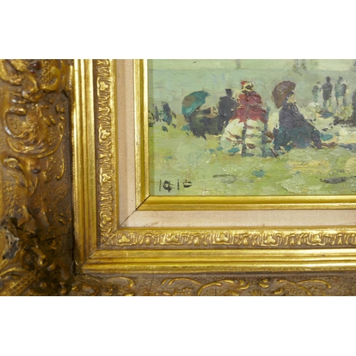 820 - In the manner of Eugene Boudin, figures on a sea shore, signed Rarel?, a pair of oils on board, 40 x... 