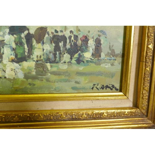 820 - In the manner of Eugene Boudin, figures on a sea shore, signed Rarel?, a pair of oils on board, 40 x... 