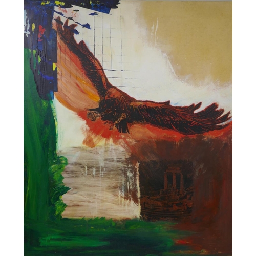 823 - Abstract, bird of prey, unsigned, inscribed verso, oil on canvas laid on board, 104 x 122cm