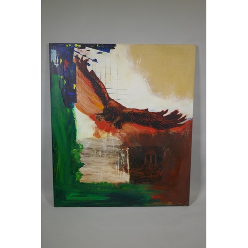 823 - Abstract, bird of prey, unsigned, inscribed verso, oil on canvas laid on board, 104 x 122cm