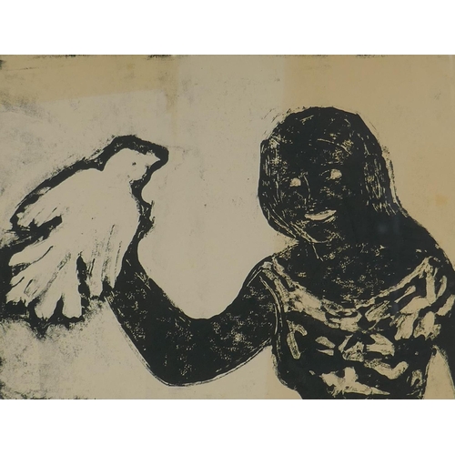 826 - Figure with a dove, signed Nolan, framed monotype print, 40 x 50cm