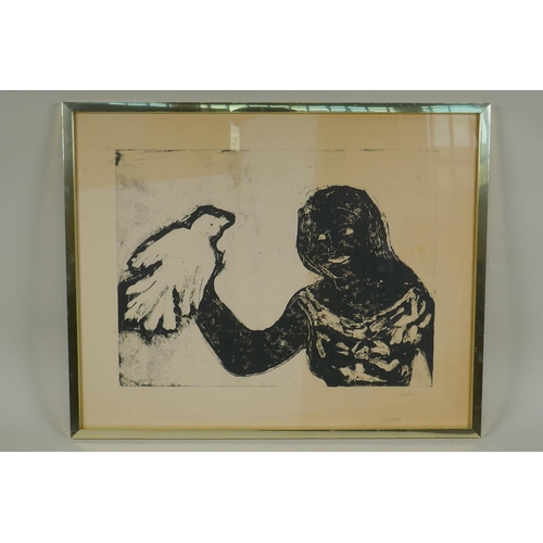 826 - Figure with a dove, signed Nolan, framed monotype print, 40 x 50cm