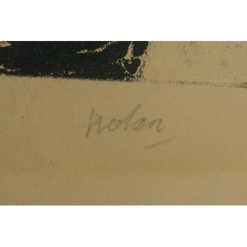 826 - Figure with a dove, signed Nolan, framed monotype print, 40 x 50cm