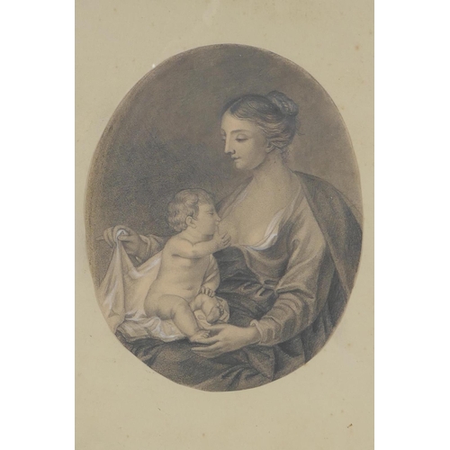 827 - An antique pencil drawing highlighted with white, the Madonna and Child, 20 x 16cm