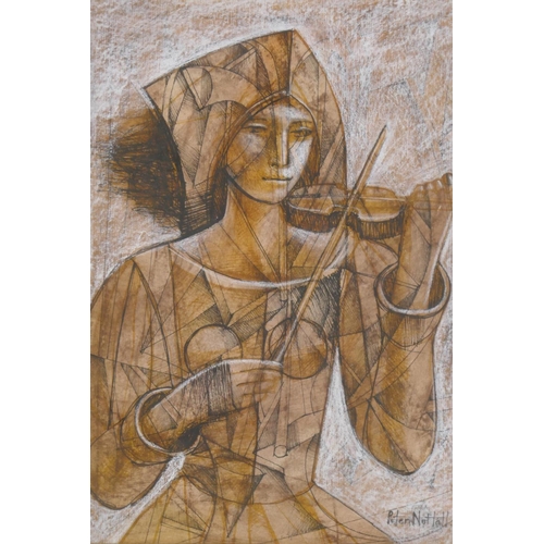 828 - Peter Nuttall, woman playing a violin, signeda nd dated '74, pen, wash and crayon, 22 x 30cm