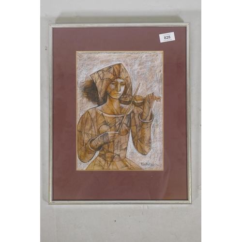 828 - Peter Nuttall, woman playing a violin, signeda nd dated '74, pen, wash and crayon, 22 x 30cm