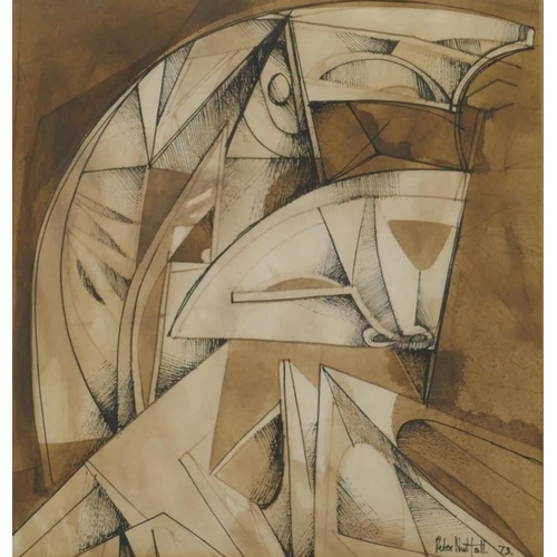 829 - Peter Nuttall, abstract, signed and dated '73, labelled verso Talbot Gallery, Oxford, pen and wash, ... 