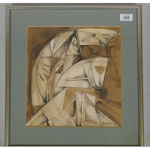 829 - Peter Nuttall, abstract, signed and dated '73, labelled verso Talbot Gallery, Oxford, pen and wash, ... 