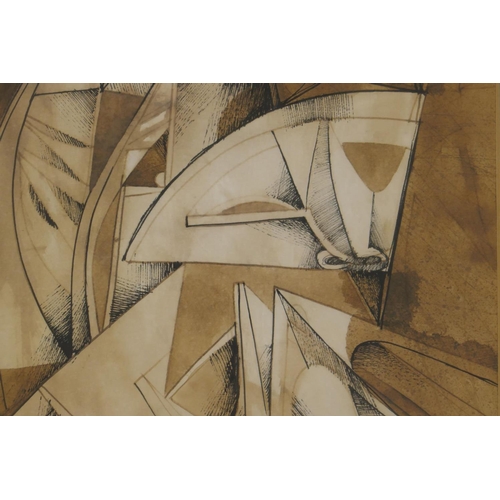 829 - Peter Nuttall, abstract, signed and dated '73, labelled verso Talbot Gallery, Oxford, pen and wash, ... 