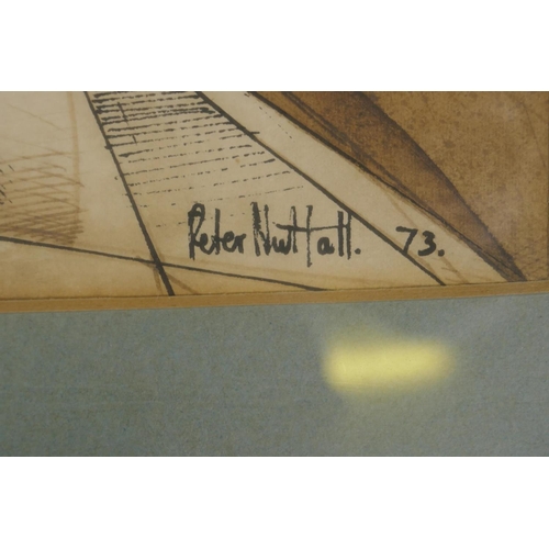 829 - Peter Nuttall, abstract, signed and dated '73, labelled verso Talbot Gallery, Oxford, pen and wash, ... 