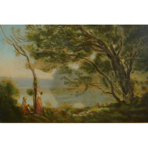 830 - Figures by a woodland lake, oil on board, possibly on print base, 26 x 36cm