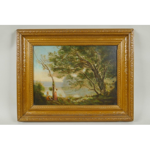 830 - Figures by a woodland lake, oil on board, possibly on print base, 26 x 36cm