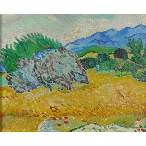 833 - Impressionist style landscape, stamped initials L.V., mid C20th oil on board, 24 x 29cm