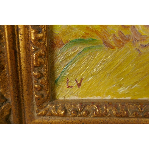 833 - Impressionist style landscape, stamped initials L.V., mid C20th oil on board, 24 x 29cm