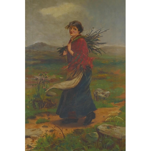 836 - Landscape with young lady carrying faggots, signed F. Donald, oil on canvas, 59 x 39cm