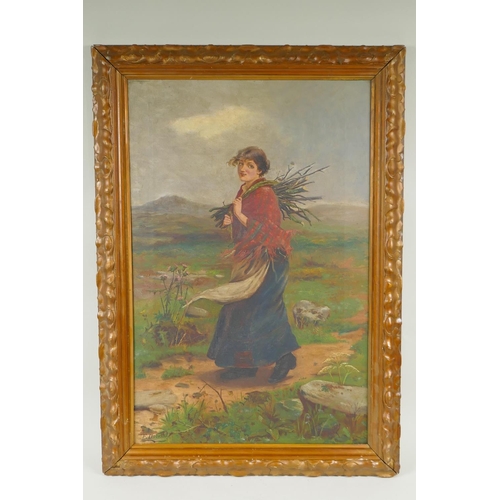 836 - Landscape with young lady carrying faggots, signed F. Donald, oil on canvas, 59 x 39cm