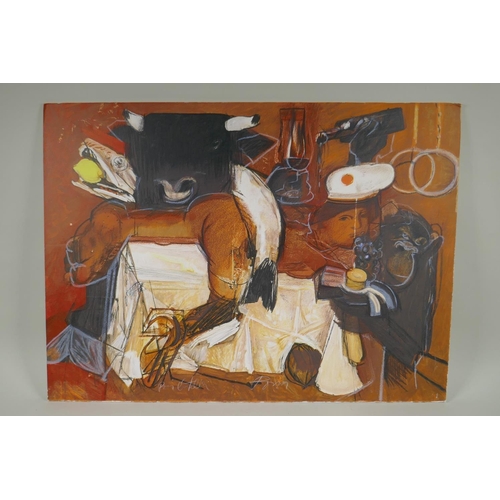 840 - After Julio Pomar, abstract still life, signed within the plate, lithograph on paper laid on ca... 