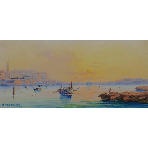 841 - Maltese School, view of boats of Valletta Harbour at sunset, enhanced print?, 7.5 x 16cm