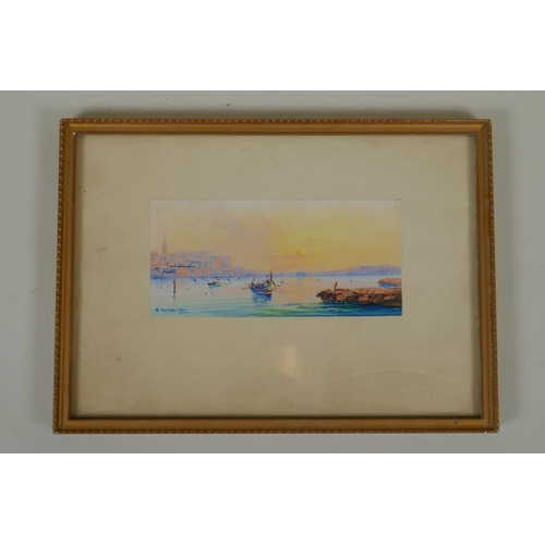 841 - Maltese School, view of boats of Valletta Harbour at sunset, enhanced print?, 7.5 x 16cm