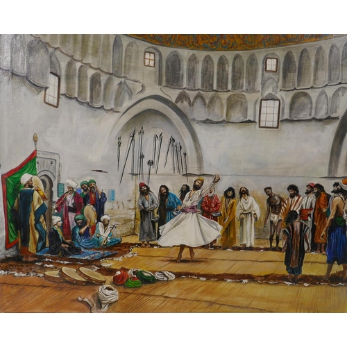 843 - T. Altemim, Oriental court dervish and musicians, oil on canvas, 91 x 76cm