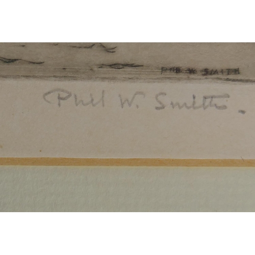 844 - Figures with cart unloading a ship, signed Phil W. Smith, and a view of the Thames, signed A.J.F. Bo... 