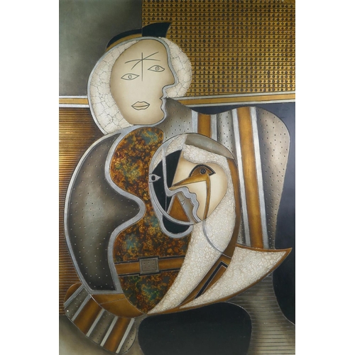 845 - A cubist style mixed media portrait of the Madonna and Child, in the manner of Enrico Baj and Picass... 