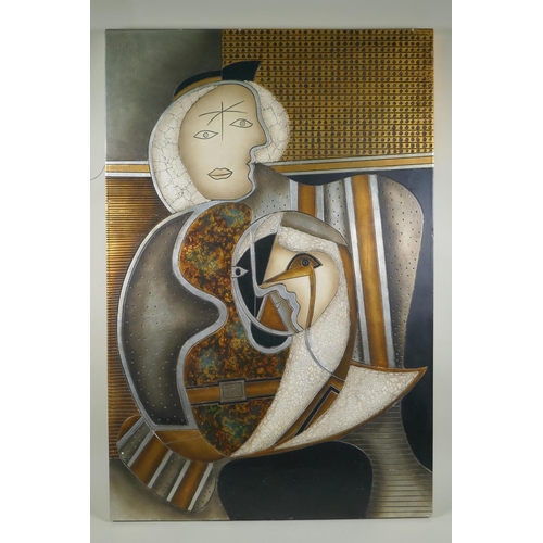 845 - A cubist style mixed media portrait of the Madonna and Child, in the manner of Enrico Baj and Picass... 