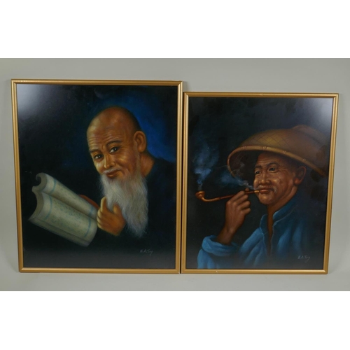 846 - B.A. Tang, (Chinese), pair of portraits of Chinese gentlemen, paint on velvet, largest 41 x 48cm