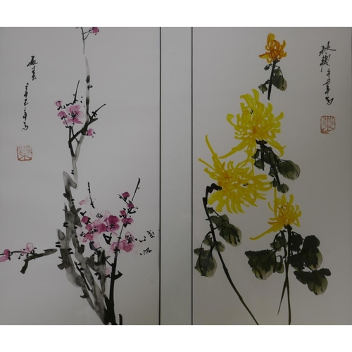 847 - Four Chinese fine art prints in ink and watercolours of flora and fauna, in a single frame, frame 49... 