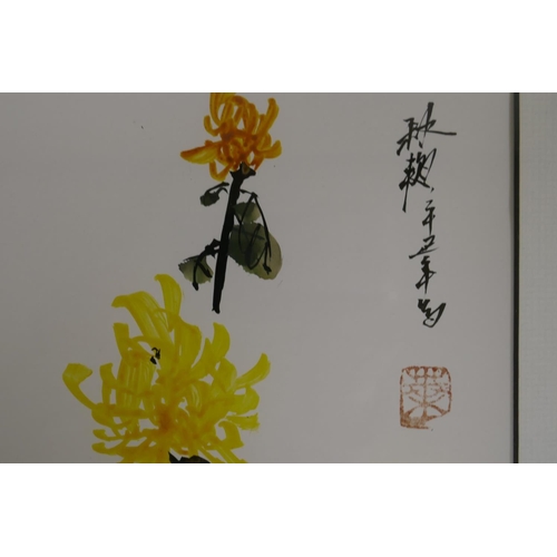 847 - Four Chinese fine art prints in ink and watercolours of flora and fauna, in a single frame, frame 49... 