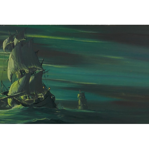 849 - A ghostly shipping scene, indistinctly signed, oil on board, 51 x 31cm