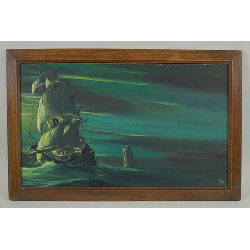 849 - A ghostly shipping scene, indistinctly signed, oil on board, 51 x 31cm