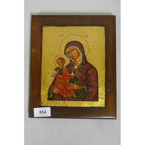 854 - A hand painted and gilded icon, late C20th, 15 x 19cm