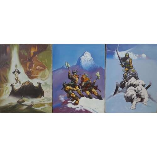 856 - After Frank Frazetta, (American, 1928-2010), At the Earth's Core, Snow Giants and Silver Warrior, th... 