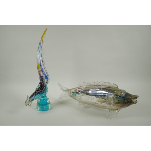 86 - A Murano eglomise lustre glass carp, and a Murano glass peacock, carp 46cm long