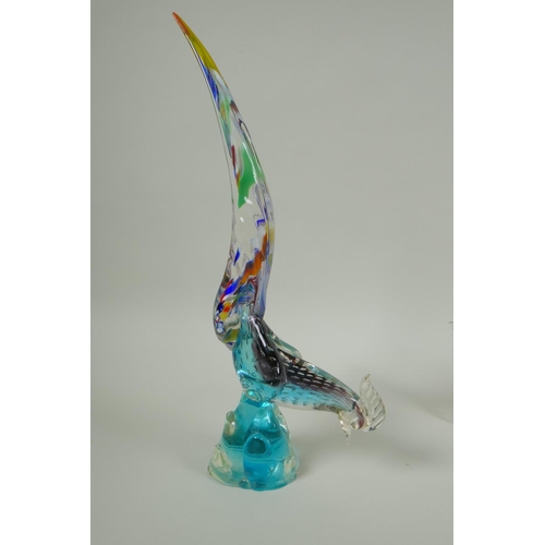 86 - A Murano eglomise lustre glass carp, and a Murano glass peacock, carp 46cm long