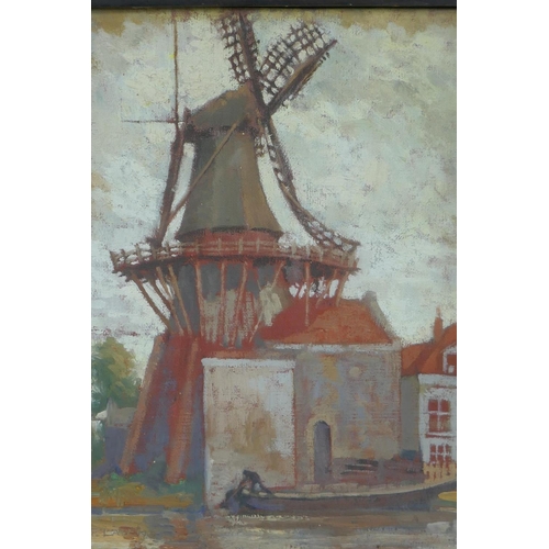 860 - Arthur E. Law, Dutch canal scene with a windmill, oil on canvas board, 1925, 22 x 27cm