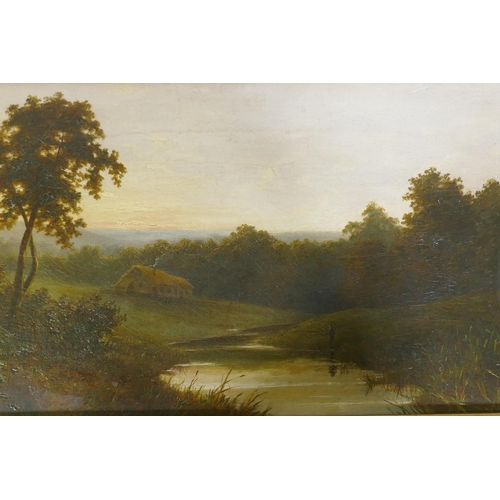 861 - Landscape with fishermen on a river, unsigned, oil on canvas, relined and mounted in a gallery frame... 