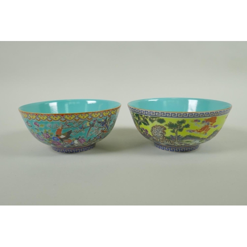 88 - Two Chinese polychrome porcelain rice bowls decorated with auspicious animals, Qianlong seal mark an... 